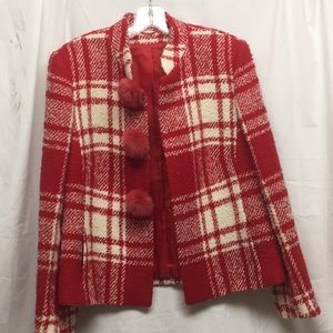 Plaid wool jacket with mink balls down front.